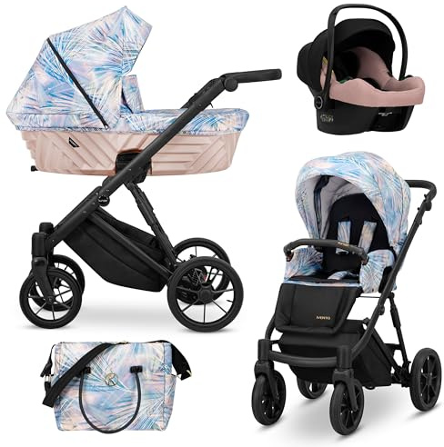 Kunert® IVENTO 3 in 1 Kinderwagen Kombikinderwagen komplettset I incl. Babywanne & Buggy Sportsitz & Auto-Babyschale mit Wickeltasche/Regenschutz +Fußsack I IVE 03 PASTEL GRASS/BLACK FRAME