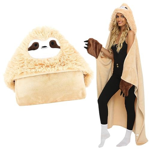 Hengrongshen Pigrizia Regalo Donna Compleanno, Portatile Coperta con Simpatiche Stampe di Animali, Coperta con Maniche Porta Piena Felicità nel Freddo Inverno (Giallo)