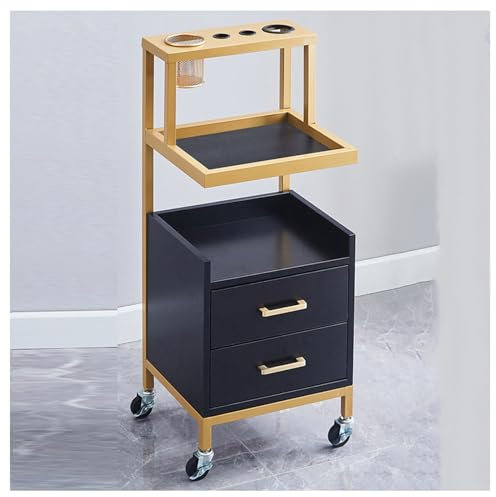 DHNDSDP Salonwagen mit Höherem Gehäuse Rollwagen mit Eimer für Haartrockner 2 Schubladen Aufbewahrungswagen mit Ziehgriff Starke Lastaufnahme Wasserdicht Und Leicht Zu Reinigen(Black+Gold)