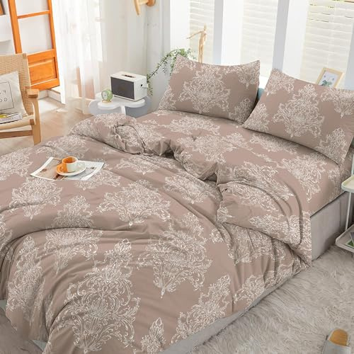 Cotton Comfort Bedding 2PCS Single Duvet Cover Set 100% Egyptian Cotton Bedding Single Bed Set 400 Thread Count Floral Printed Beige Bliss Duvet Cover Single with Pillow Case