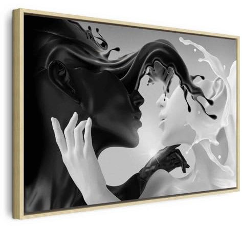 B&D XXL Bilder mit Rahmen 90x60 cm Wandbilder groß Leinwandbild XXL natürlicher Holzrahmen modern Wanddekoration Kunstdruck Wanddeko Wohnzimmer Schlafzimmer Abstrakt Paar schwarz weiß