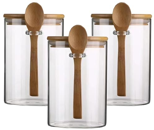 NAVACALA Glass Storage Jars with Lids 1000ML Set of 3 - High Borosilicate Glass Airtight Kitchen Food Canisters Cylinder Clear Preserving Seal Containers with Lid and Spoon 1000ml