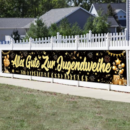 LAMEK Alles Gute zur Jugendweihe Banner 300x50cm Erwachsenwerden Banner Schwarzgold Endlich Erwachsen Hintergrund Jugendweihe Deko Hängende Dekoration für Junge Mädchen Erwachsene Partyfeiern