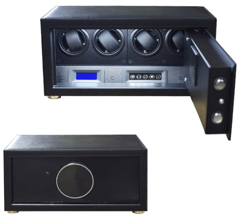 Automatischer Uhrenbeweger Für 4 Uhren PU-Leder 5 TPD-Modi Mechanische Uhrenbox Mit Automatikaufzug Mit LCD-Anzeige Blaues LED-Licht Leiser Motor Passwort & Schlüssel Entriegeln ( Color : Black )