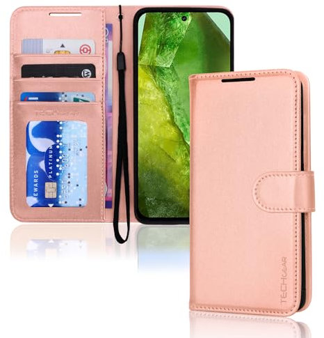 TECHGEAR Étui Portefeuille en Cuir pour Pixel 8a, étui de Protection à Rabat [Blocage RFID] Porte-Cartes, support et dragonne - Cuir PU Or Rose avec Fermeture magnétique pour Google Pixel 8a
