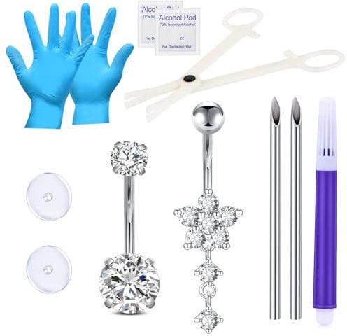 WillTen 12 Pcs Belly Button Piercing Kit - 14G Belly Rings with CZ Stones & 316L Steel Piercing Needles & Clamp