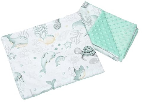 Medi Partners Babydecke Krabbeldecke mit Kissen 100% Baumwolle Minky Kinderdecke 55x75 + 35x30cm multifunktional für Kinderwagen Babyschale Wiege (Ozean mit Mint Minky)