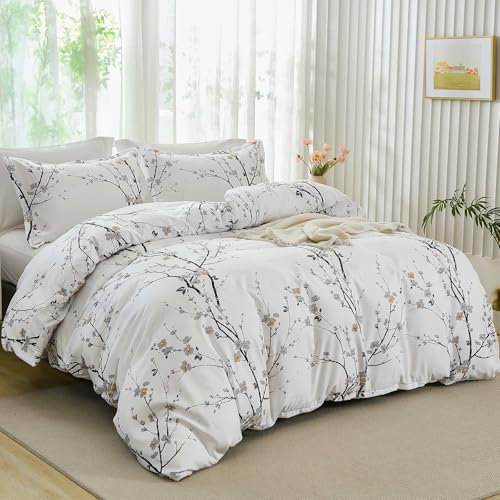 White King Size Botanical Branch Duvet Cover Set Bedding Set 3 Pieces Soft Microfiber Plum Flower Printed Duvet Cover with 2 Pillowcases and Zipper Closure 220 x 230cm