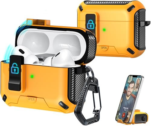 R-fun compatibile con AirPods Pro 2a generazione/1a generazione, custodia protettiva anticaduta con espulsione automatica,per custodia Airpods Pro (USB-C/Lightning),Nero+Giallo