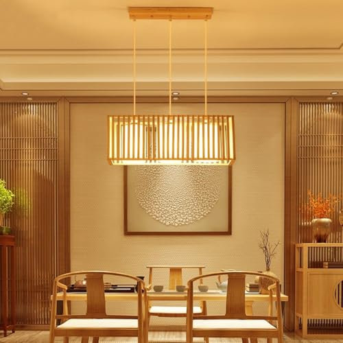 Vintage Pendelleuchten Eiche Hängelampe Esstischlampe Stoffschirm Pendellampe Höhenverstellbar E27 Kronleuchter Restaurant Café Teestube Dachboden Keller Rechteckiger Rahmen Hängelampen(3 heads)