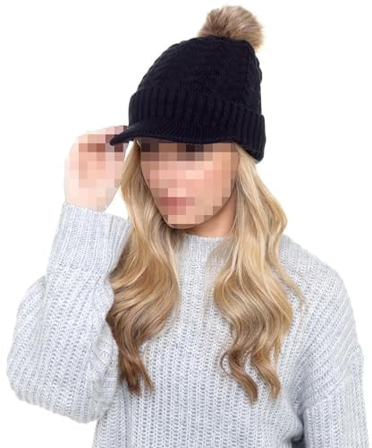 A2Z Ladies Cable Knit Peaked Beanie with Detachable Faux Fur Pom Pom | Sherpa Lined Winter Headwear Offering Stretch Comfort For Chilly Days