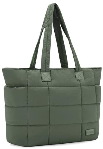 VASCHY Tote Bag for Women, Lightweight Quilted Puffer Work Tote with Laptop Compartments Large Puffy Handbag for Nurse/Teacher/Travel/Gym Green
