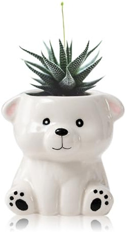 DIYOMR Mini pot de fleurs en céramique en forme d'animal de dessin animé pour plantes succulentes d'intérieur - Lisse et brillant - Plantes non incluses (ours blanc)