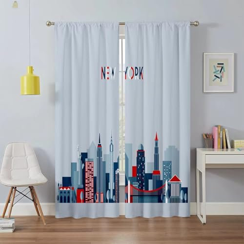 SJSXWQN Gardinen New York Vorhänge mit Ösen Vorhang Blickdicht Thermo Verdunklungsvorhänge Schiebegardinen für Schlafzimmer Wohnzimmer H 220 x B 140 cm 2er Set