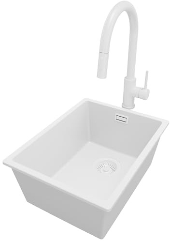 PRIMAGRAN Granitspüle ab 40er Unterschrank + Küchenarmatur, 36x47cm | Set: Küchenarmatur BW9010 + Ablauf-Set (Siphon, Ablaufgarnitur, Überlauf) + Spülbecken 1 Becken - London Slim, Alles Weiß