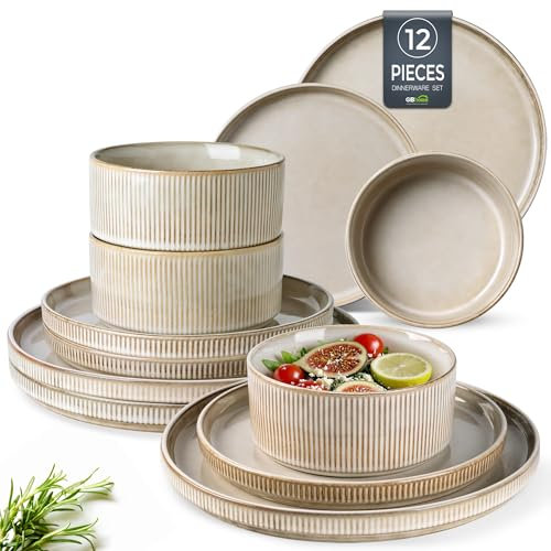 GBhome Stoneware Dinner Sets for 4 People, 12 Pieces Reactive Glaze Handcrafted Plates and Bowls Set, Scratch Resistant Dinnerware Set, Dishwasher & Microwave Safe Crockery Set, Cappuccino