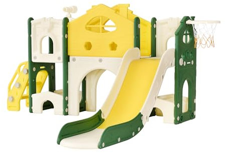 Toboggan pour Enfant, 7 en 1 Toboggan Intérieur et Extérieur Enfant avec Aire de Jeux, Panier de Basket et Tunnel, Escaliers et Cadre d'escalade Autoportant pour Bébé (7 en 1 Jaune)