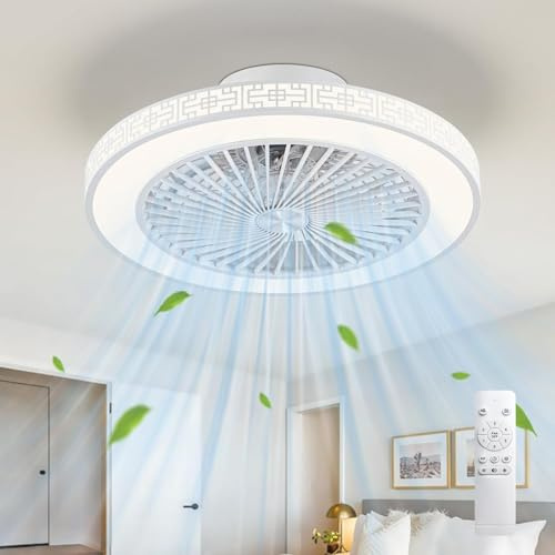TFmanQ1 Ceiling Fan with Lights and Remote Low Profile Ceiling Fans Dimmable 3 Colour Temperatures Quiet Reversible Flush Mount Ceiling Fan with Light for Bedroom Kitchen