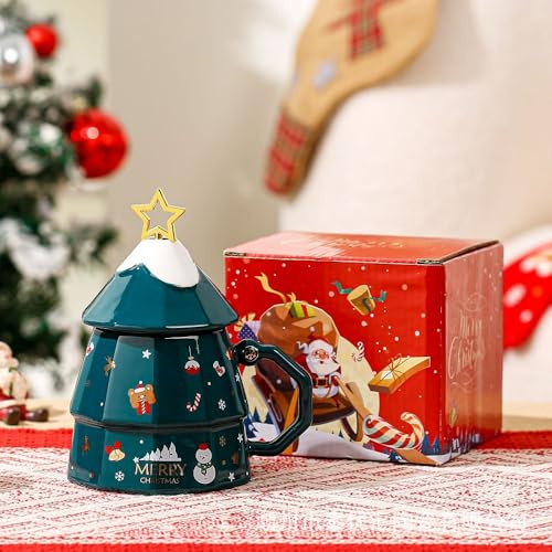 Huiyiwert Porcelain Christmas Mug with Lid and Stirrer, Funny 3D Christmas Tree Shape, Coffee Cup, Christmas Motif, Milk Cup, Christmas Mug, Gift for Christmas New Year (Green)