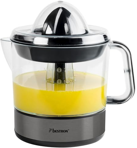 Bestron Zitruspresse, 0,7 L, Abnehmbarer Krug, Transparenter Deckel, Zwei Presskegel für Kleine und Große Zitrusfrüchte, Motor mit Zwei Drehrichtungen, 40 Watt, Farbe: Dunkel Metallicgrau