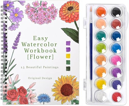Aquarell-Arbeitsbücher Blumen,16 Farben Lackierset mit Pinsel, Aquarell-Malbuch für Anfänger,15 Schöne Motive für Anfänger, Aquarell-Malbuch zum Entspannen und Stressabbau