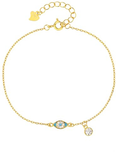 MYSTIC JEWELS Armband aus vergoldetem 925er Silber mit türkisem Auge, kubischem Zirkonia, beweglicher Anhänger, verstellbar 16 + 3 cm
