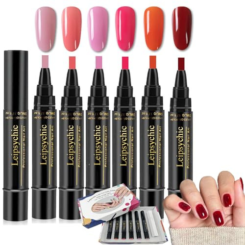6PCS Nail Polish Pens UK,6 Colors 3-in-1 Gel Nail Polish Pen Set,One Step Quick Dry Nails Art Polish Pen,No Base Coat Needed,Long-Lasting Gloss,DIY Nail Tool for Women with Exquisite Packaging (Set A)