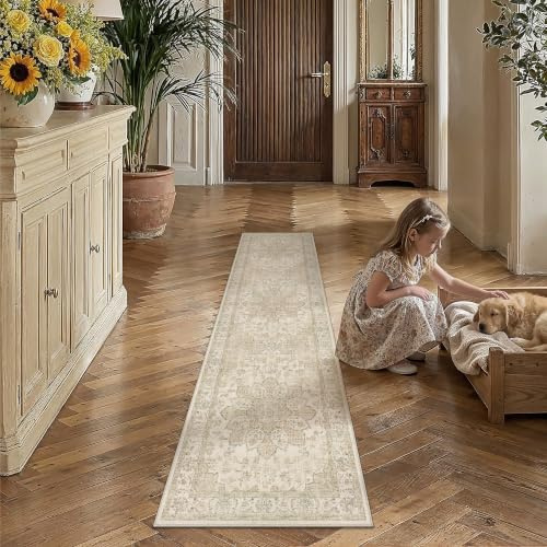 PureCozy Beige Läufer Flur Teppich 60x240cm Vintage Teppichläufer rutschfest Waschbarer Weich Lang Carpet Teppiche Runner Bettvorleger Küche Schlafzimmer Büro Kurzflor Tepich Rug