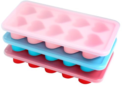 3Pcs Silicone Heart Ice Cube Molds with Lid, Stackable Ice Maker Trays, Removable Cover Ice Trays Pink Blue Red