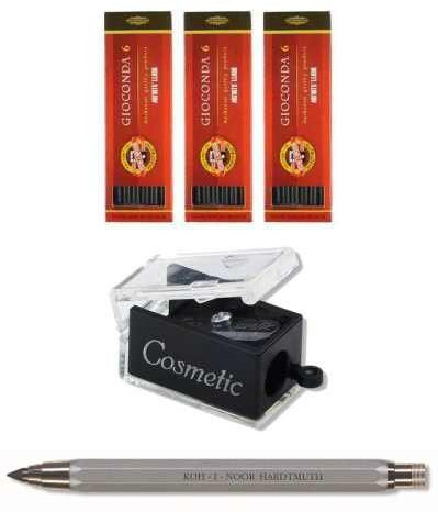KOH-I-NOOR 3er Zeichenkohleset+Kreidehalter+Minenspitzer 5,6mm / 120mm hart/mittel/weich Gioconda schwarz