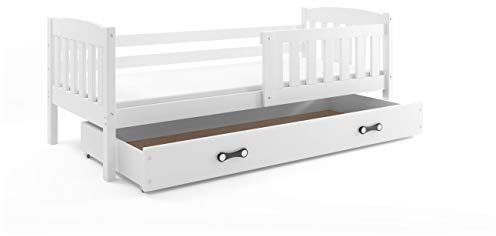 Einzelbett mit Bettkasten Giacomino 160 x 80, Bett für Kinder in Kiefer massiv, Matratze in Schwamm GRATIS. Bianco