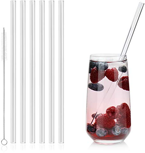 com-four® 6x Glasstrohalme spülmaschinenfest und wiederverwendbar - Glas Strohhalme für Cocktails - Trinkhalme Glas mit Reinigungsbürste - Glastrinkhalm umweltfreundlich - 23 cm