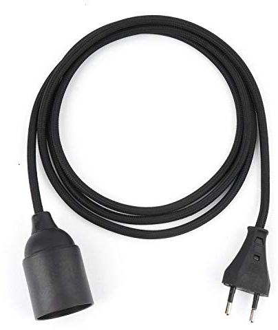 3m Plug-In Lampe SCHWARZ, Textilkabel mit Lampenfassung aus Thermoplast (GLATTMANTEL) mit Eurostecker