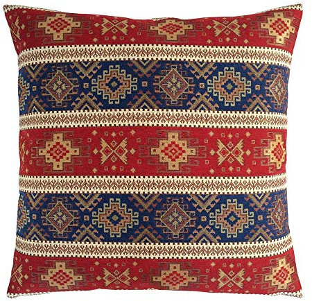 pillowerus Dekorativer großer Überwurf-Kissenbezug, rot und blau, 55.9 x 55.9 cm, Outdoor-Kissen für Terrasse, Boho-Raumdekoration für Couch, ethnische Kissen, Azteken-Wandteppich