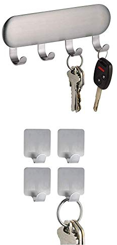 iDesign Schlüsselbrett mit Vier Haken, kleine Hakenleiste aus Edelstahl, Selbstklebende Wandhaken + Garderobenhaken, kleine Wandhaken aus gebürstetem Edelstahl