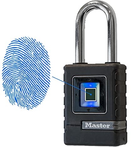 Master Lock Cadenas Biométrique Haute Securité (Etanche) (Empreinte Digitale et Code Directionnel de Secours) (Anse Longue) 4901EURDLHCC, Noir, 19,5 cm x 5,6 cm x 2,8 cm