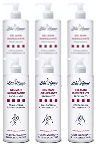 Blu Home GEL MANI IGIENIZZANTE 70% ALCOOL con Oli Essenziali di Limone, Tea Tree e Glicerina Vegetale (500ml - 6 pezzi)