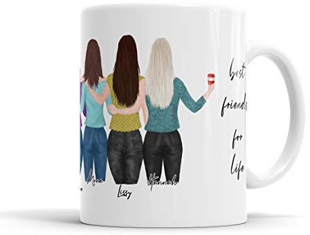 True Statements Geschenk für Beste Freundinnen Keramik-Tasse „Best Friends for Life“ - Anzahl Freundinnen, Aussehen u. Namen personalisierbar - 330ml Kaffee-Becher - Farbe weiß (4 Freundinnen)