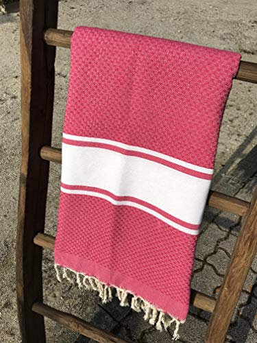 Fouta Tunisienne - Serviette de Plage - 100x200cm Traditionnelle Nid d'abeille Fushia - 100% Coton