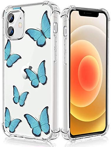 LuGeKe Blue Butterfly Clear Case For iPhone 12 mini, Blue Butterfly Pattern Soft Shockproof Bumper Protective Cover for iPhone 12 mini, Transparent Phone Case