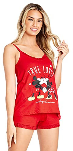 Disney Pigiama Donna Pigiama Estivo Donna Stitch Hi Ho Winnie The Pooh Minnie Crudelia Pigiami Donna Cotone Misto con Canotta con Spalline e Pantaloncini S-XL (M, Rosso Minnie Mickey)
