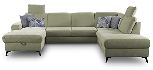 CAVADORE Wohnlandschaft Lotta / Skandinavische U-Form mit Federkern und 2 Kopfstützen / leichte Fleckentfernung dank Soft Clean / 303 x 88 x 212 / Grün