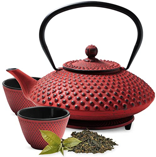 Tealøv Tetera Hierro Fundido 1,25 LITRO Set – Servicio DE TÉ Completo de Tetera de Hierro Fundido con Infusor, Tazas de té y Salvamantel – Interno smaltato - Diseño de Estilo Japonés - Rojo