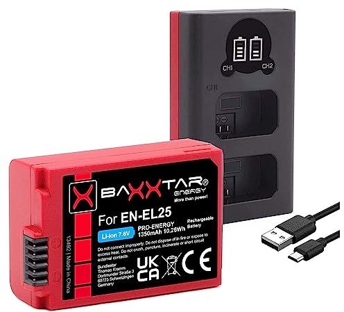 Baxxtar Pro EN-EL25 Akku 1350mAh (V1 Schutzgehäuse NTC Sensor) mit Ladegerät LCD DUAL (USB-C/MicroUSB) kompatibel mit Nikon EN-EL25a Z30 Z50 Z50II ZFC Z FC 30 50 50II EN EL25 EL25a ENEL25