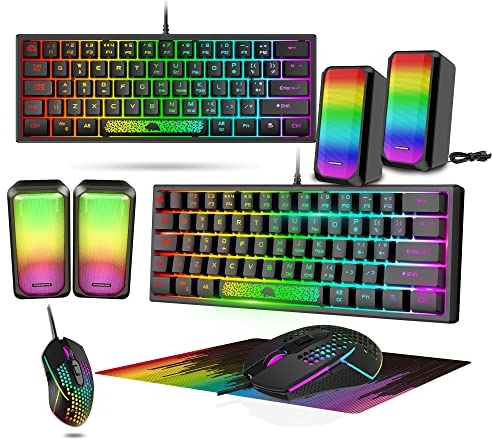 LexonElec Juego De Teclado Y Ratón Champing Accessories PC Pack - 60 Percent Ultra Compacto Light up Mini Keyboard QWERTY Layout Y 3200 dpi Mouse Gaming Bass Speaker Alfombrilla De Mouse Pad