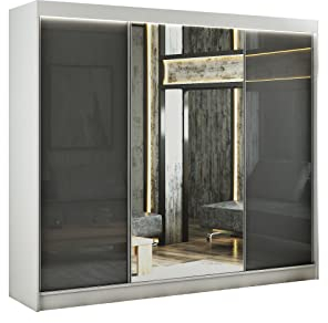 ALTDECOR Kleiderschrank mit Spiegel und Schiebetüren, kugelgelagerte Führungsschienen und Aluminium-Leisten - VESLI - 250 cm Weiß/Lacobel Grau