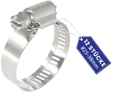 AZISHA Schlauchschellen 25-38mm 12 Stück - 304 Rostfrei Schlauchschellen Edelstahl - Einstellbare W4 Schraubschellen, Schlauchschellen Pool, Garten, Gas, Wasser, Waschmaschine, Und KFZ Schlauch