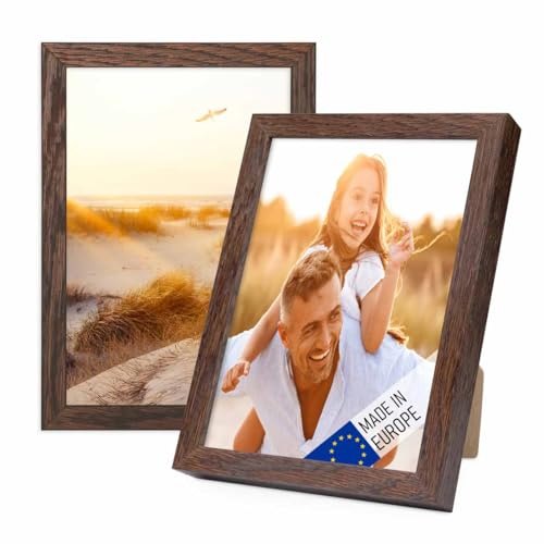 PHOTOLINI Bilderrahmen Holz 10x15 Eiche Dunkel, Holzbilderrahmen Made in EU, 2er Set, bruchsicheres Acrylglas, zum Aufhängen & Aufstellen, extra Zubehör - für Ihre liebsten Fotos & Bilder