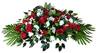 DRW Centro de Flores Artificiales Cementerio, Santos, Aniversarios Alargado cojín Tonos Rojo y Blanco 110 cm Largo x56 cm Ancho x 34 cm Alto