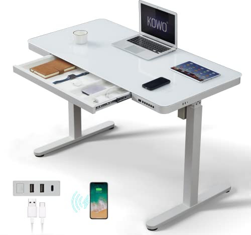 kowo Glass Standing Desk with Drawers, Wireless Charger & USB C, Height Adjustable Office Desk 120x60cm White, Sit Stand Stand Up Computer Desk